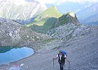 After 2000, running gave way to walking. In 2001, for 65th birthday, I walked across the Alps from Germany, through Austria to Italy. This is approaching Seescharte, with Memminger Hütte far below.