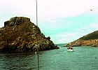 Sailing the passage between Jethou and Grande Fauconniere (Channel Islands, south of Guernsey). Mehitabel 1, 1967.